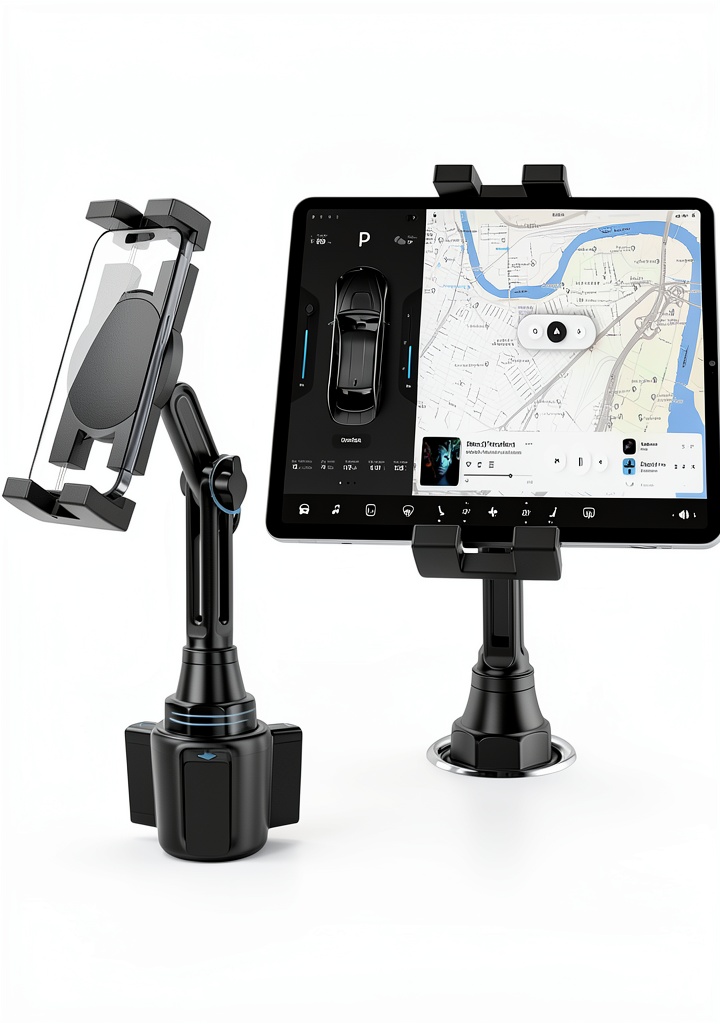 YYDBS car tablet mount installed in a vehicle cup holder