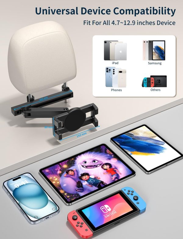 Tablet Car Headrest Mount bokilino 3 in 1 Arm 360° Rotation Black-6