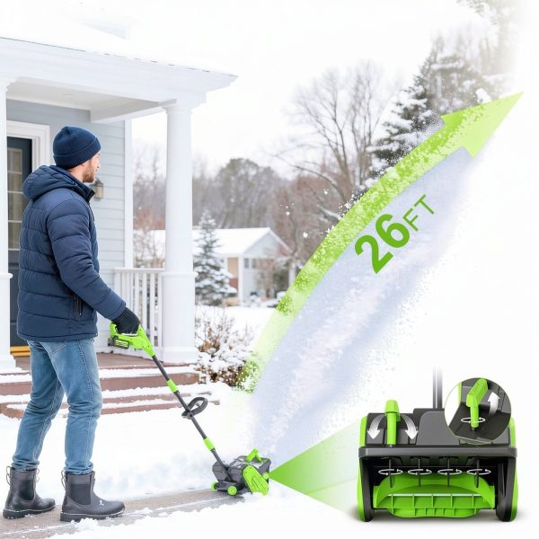 21V Cordless Electric Snow Shovel with 2×4.0Ah Batteries, LED Battery Display, 13.5" Clearing Width & 26FT Throw Distance, Lightweight Battery Snow Shovel for Driveways, Steps, Patios & Sidewalks-2
